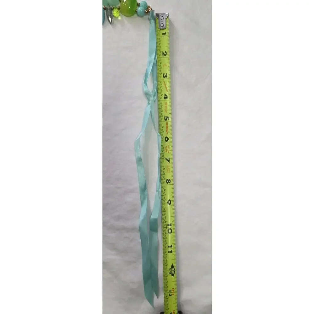 Vibrant Colorful Statement Necklace Green Blue Turquoise Stones Ribbon Closure